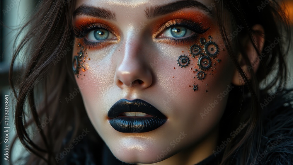 Steampunk experimental makeup featuring golden gear accents and bold black lips, artistic close-up. Steampunk experimental makeup featuring golden gear accents and bold black lips, artistic close-up.