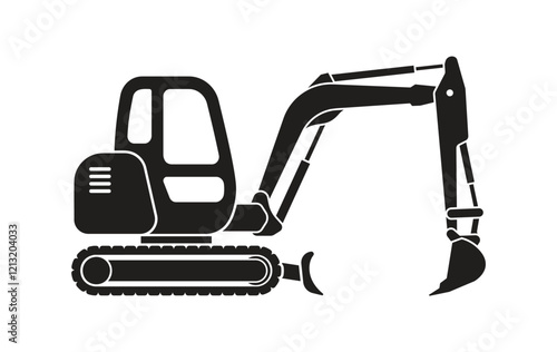 excavator digger construction vehicle silhouette simplified side view isolated vector on transparent background