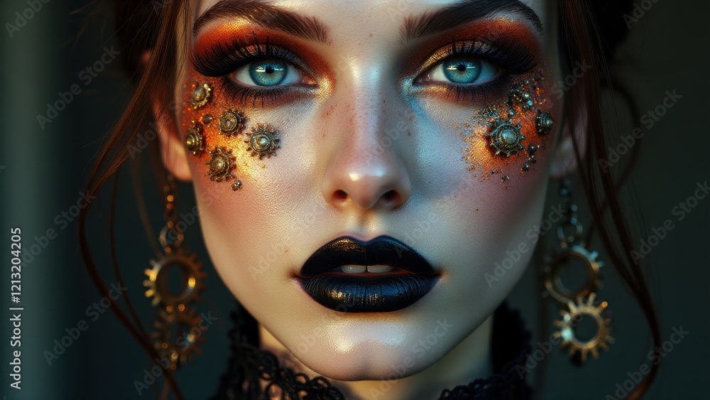 Bold experimental steampunk makeup with metallic gold details, black lips, and intricate artistic design. Bold experimental steampunk makeup with metallic gold details, black lips, and intricate artistic design.