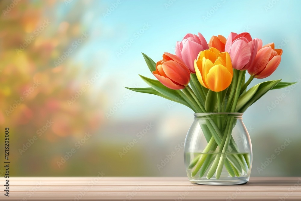 Vase of tulips sits on a wooden table Vase of tulips sits on a wooden table