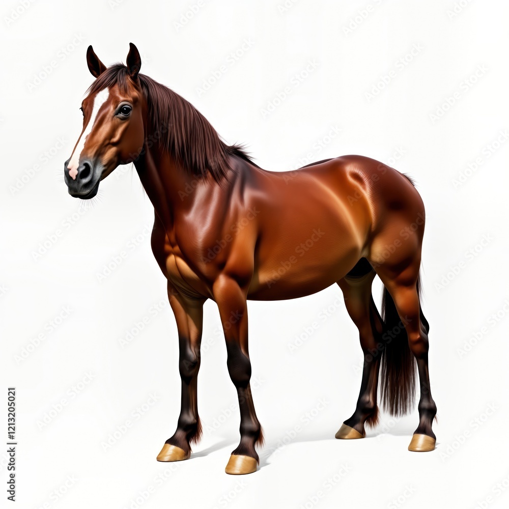Fototapeta premium Brown horse stands against plain white background. Powerful, graceful animal. Possible racehorse show horse. Ideal for posters equine posters, equestrian marketing. Perfect for use in sports, animal