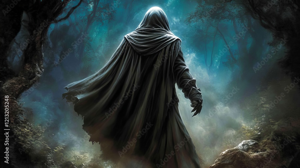 Obraz premium A figure veiled by a tattered cloak is positioned at the forest's boundary, their face hidden in shadow, radiating an aura of mystery and looming danger