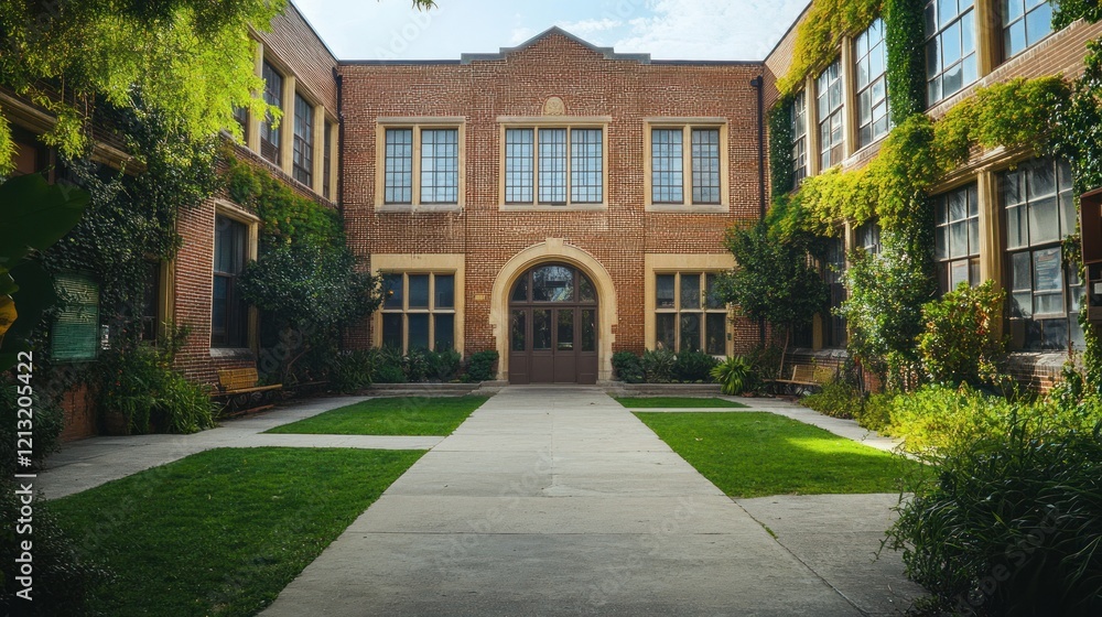 Brick School Building Courtyard: Tranquil Academic Haven Brick School Building Courtyard: Tranquil Academic Haven
