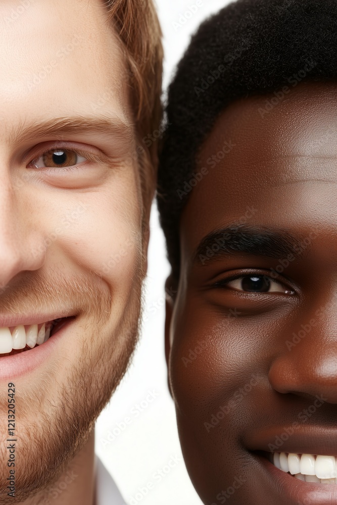 Close-up of two smiling men highlighting diversity and friendship Close-up of two smiling men highlighting diversity and friendship