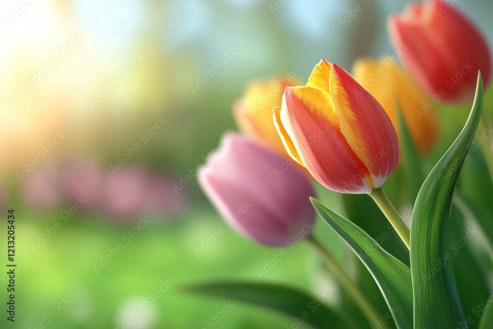 Naklejka premium Bouquet of three tulips with one pink, one red and one yellow