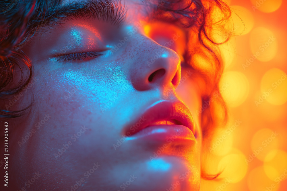 Profile of a man with eyes closed, illuminated by vibrant red and blue neon lights and digital light trails