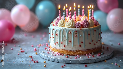 Birthday cake with candles and balloons, colorful balloons on white background, festive card for birthday party, anniversary, new year, Christmas or other events, holiday background, copy space