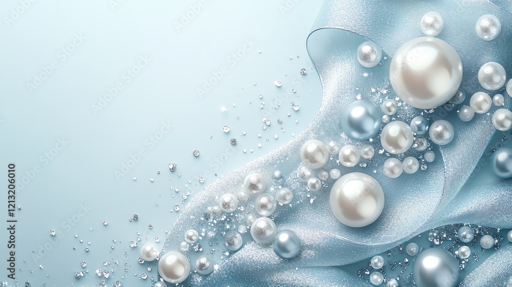 Elegant pearls and silk ribbon on a light blue background. Luxurious, delicate, and sophisticated. Elegant pearls and silk ribbon on a light blue background. Luxurious, delicate, and sophisticated.