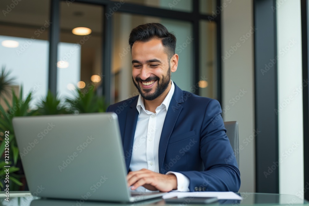 Professional Man Smiling While Working on Laptop in Modern Office Environment with Indoor Plants – A Representation of Remote Work and Productivity Professional Man Smiling While Working on Laptop in Modern Office Environment with Indoor Plants – A Representation of Remote Work and Productivity