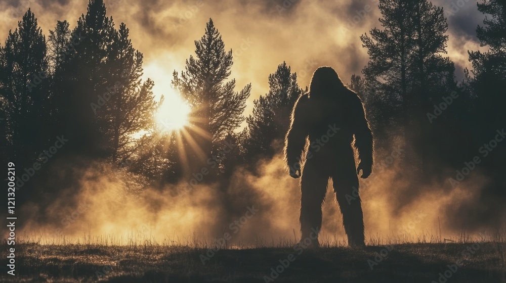 Fototapeta premium A ghoul's horror hidden amidst the forest's ancient tales, a werewolf silhouette filling the foggy night with fear and dread