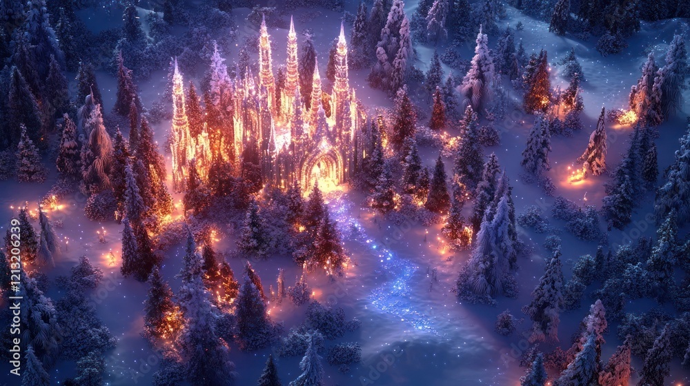 Fototapeta premium Enchanting fairytale castle nestled amidst a snowy winter wonderland with towering mountains a frozen forest and a mystical otherworldly ambiance A captivating