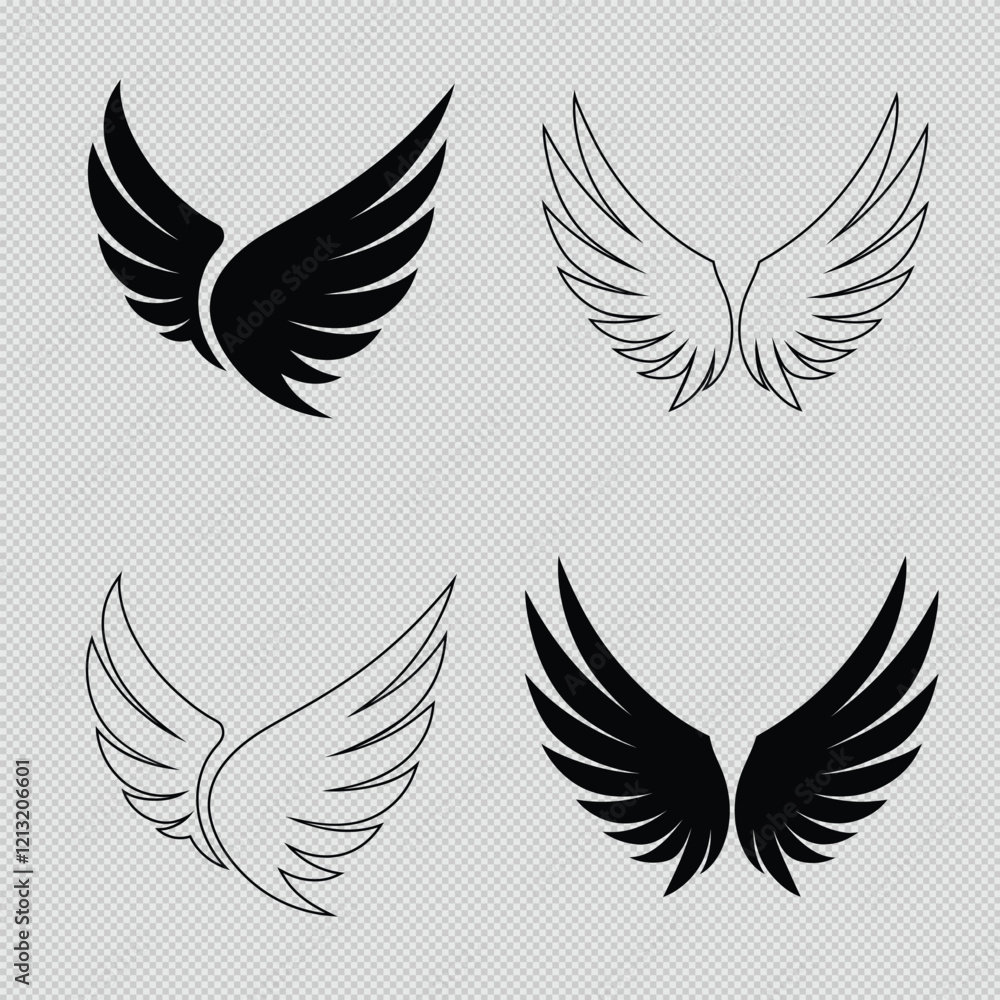 bird wing vector graphics featuring graceful silhouettes and intricate line art designs. Perfect for logo creation, fashion illustrations, and decorative artwork bird wing vector graphics featuring graceful silhouettes and intricate line art designs. Perfect for logo creation, fashion illustrations, and decorative artwork