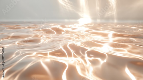 Golden light beams pierce through mist, illuminating calm water surface. Sparkling reflections.