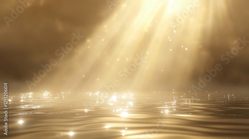 Golden light beams pierce through mist, illuminating calm water surface. Sparkling reflections.
