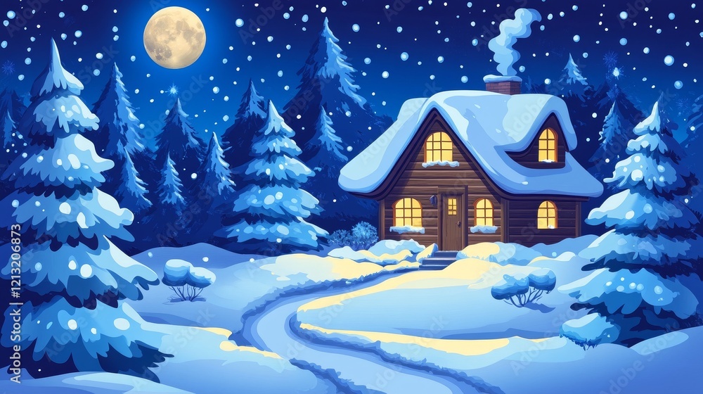 Fototapeta premium At night, a wooden house sits in a winter forest, surrounded by mountains, snow, and a bright full moon. Inside or nearby, a chalet and Christmas tree add to the ambiance, evoking the magic and charm