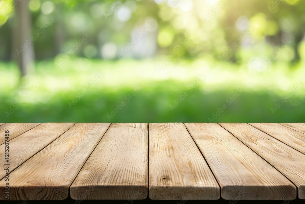 Wooden table with a view of a green field