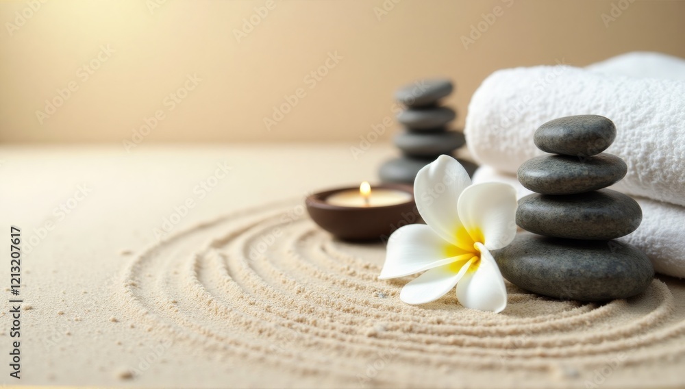Swept sand forms a ripple pattern around tranquil spa stones and a white lily symbolizing purity, creating a miniature version of a classic Japanese Zen garden. Swept sand forms a ripple pattern around tranquil spa stones and a white lily symbolizing purity, creating a miniature version of a classic Japanese Zen garden.