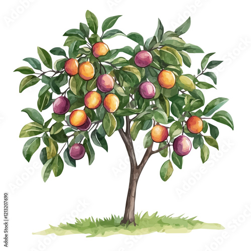 Hog Plum Tree with Fruit – Lush Watercolor Vector Illustration for Artistic Projects  
