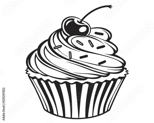 Monochrome cupcake outline vector.