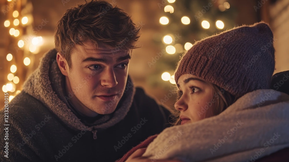 A father recounts a chilling Christmas story to his daughter bundled up in a cozy plaid wrap A father recounts a chilling Christmas story to his daughter bundled up in a cozy plaid wrap