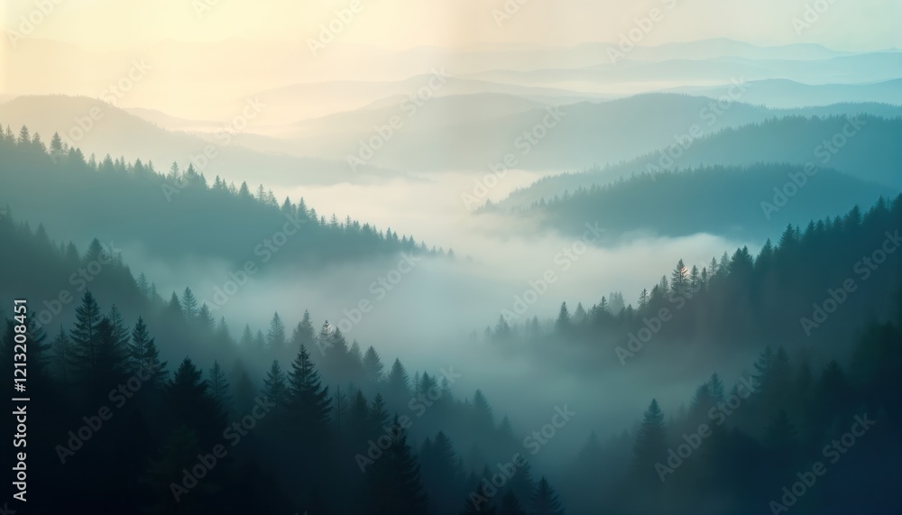 Obraz premium Dense forest shrouded in morning mist. Misty rolling fog through hilly terrain. Mysterious, tranquil ambiance. Misty morning in mountain forest. Calm, quiet scenery. Nature landscape. Foggy weather.