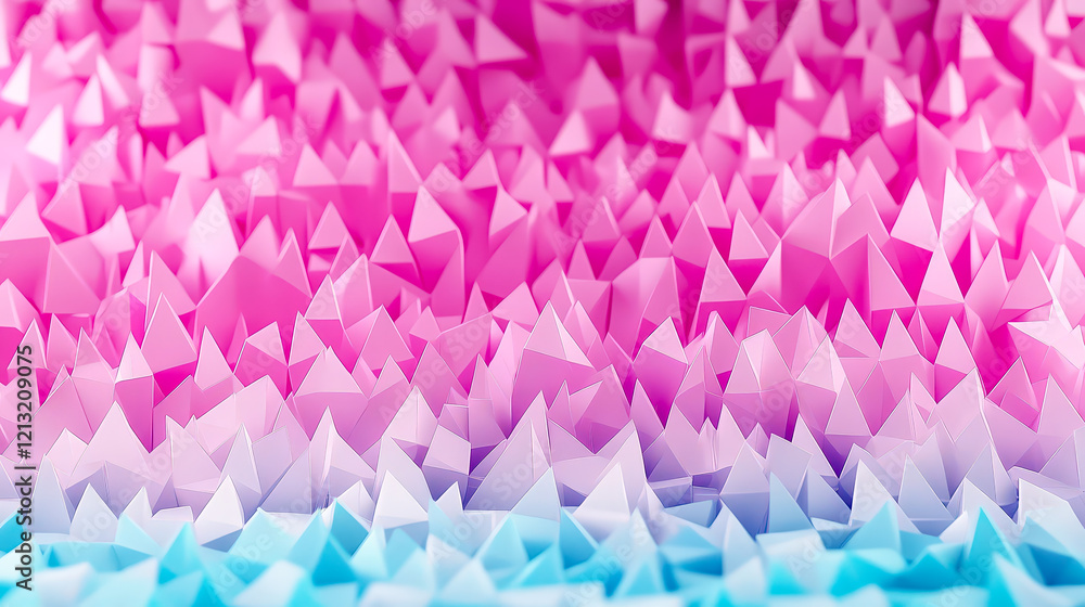 Colorful paper landscape with intricate triangular shapes in pink and blue hues during a creative art installation