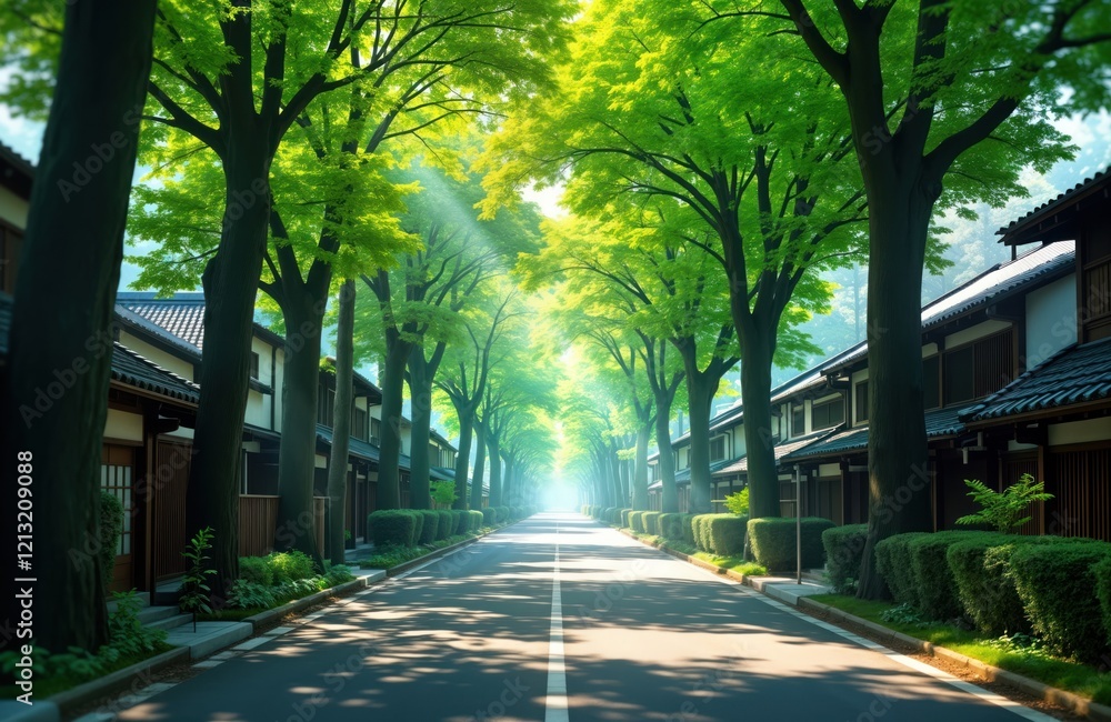 Obraz premium Street lined with traditional Japanese houses. Rich green trees create tunnel effect. Sunlight streams through leaves creating serene, beautiful scene. Calm urban street. Peaceful residential area.