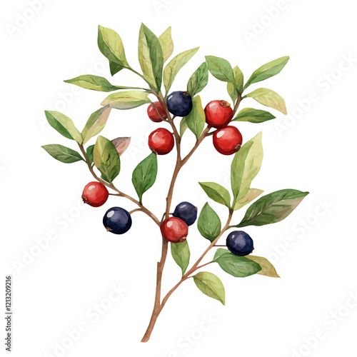 Huckleberry Bush with Fruit – Vibrant Watercolor Vector Illustration for Creative Designs  
