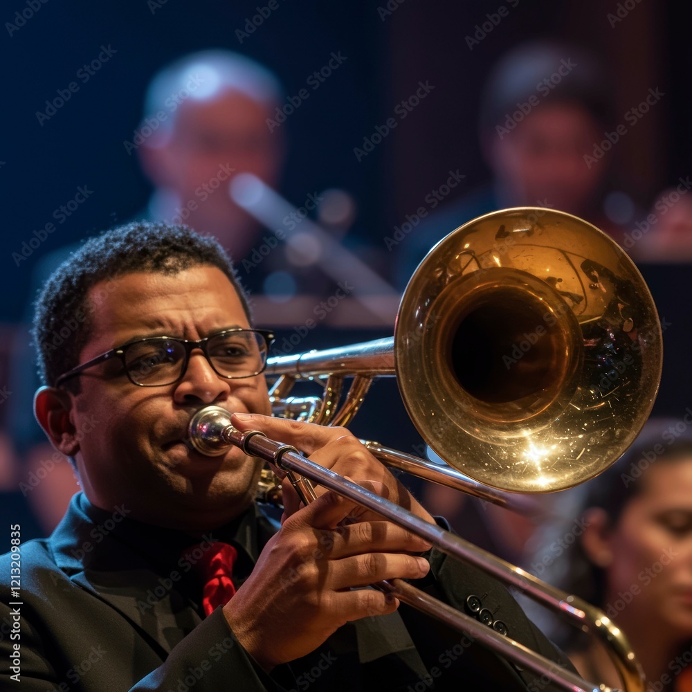 Obraz premium Trombone Player Performing on Stage with the orchestra