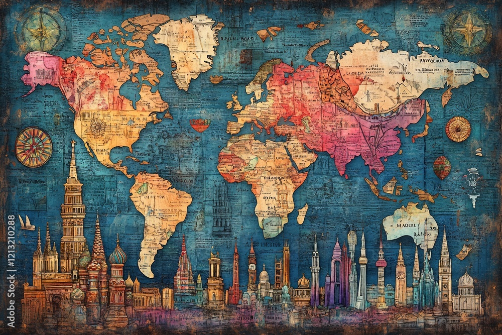 Fototapeta premium Vintage World Map with Landmarks; Travel Poster