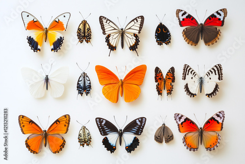 llustrations of butterflies and moths neatly arranged on a bright white surface photo