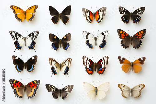 llustrations of butterflies and moths neatly arranged on a bright white surface photo