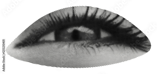 squinting eye with eyelashes isolated retro grunge halftone collage element for mixed media beauty emotion vision design