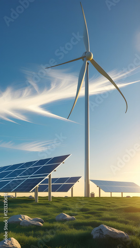 Remote renewable energy setup with solar panels and wind turbine . 