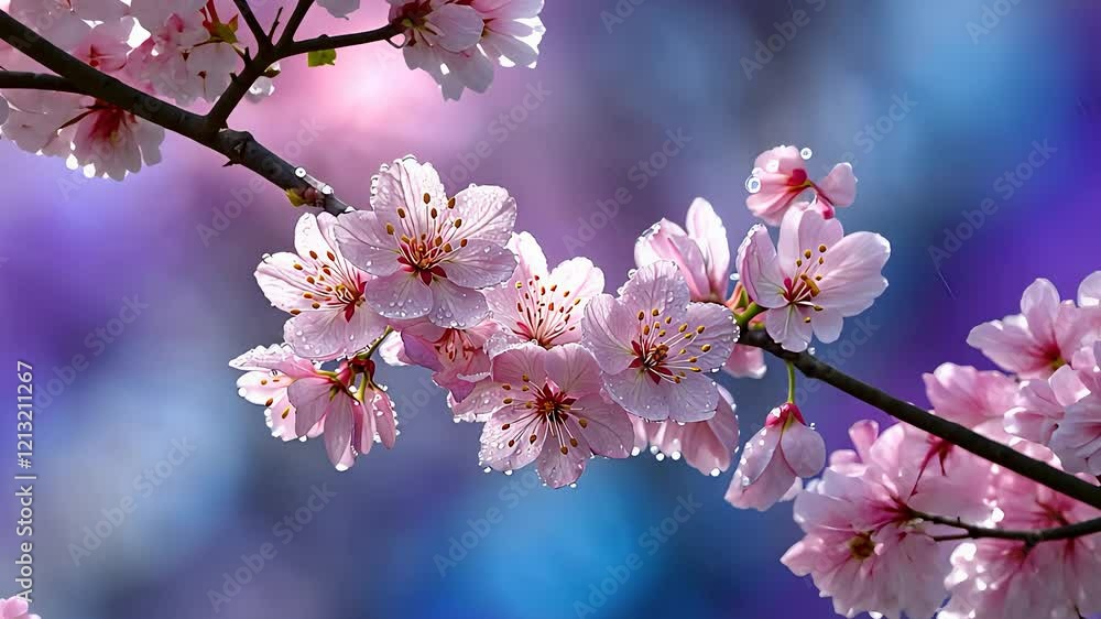 Delicate Pink Cherry Blossom Branches in Full Bloom with a Vibrant Blurred Background of Blue and Purple
Delicate Pink Cherry Blossom Branches in Full Bloom with a Vibrant Blurred Background of Blue and Purple