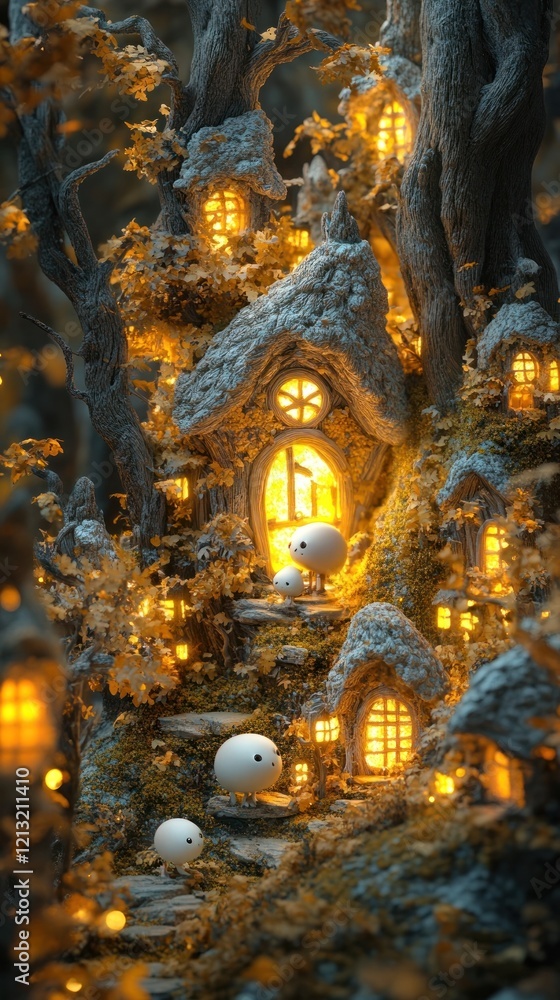 Fototapeta premium Enchanting fairy tale cottage nestled in a snowy winter wonderland with glowing lights festive ornaments and whimsical forest creatures surrounding the cozy home