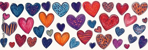Playful Valentines Day banner filled with colorful hand-drawn hearts in various sizes and patterns. Perfect for adding cheerful touch to celebrations, ideal for card, decoration, social media sharing.