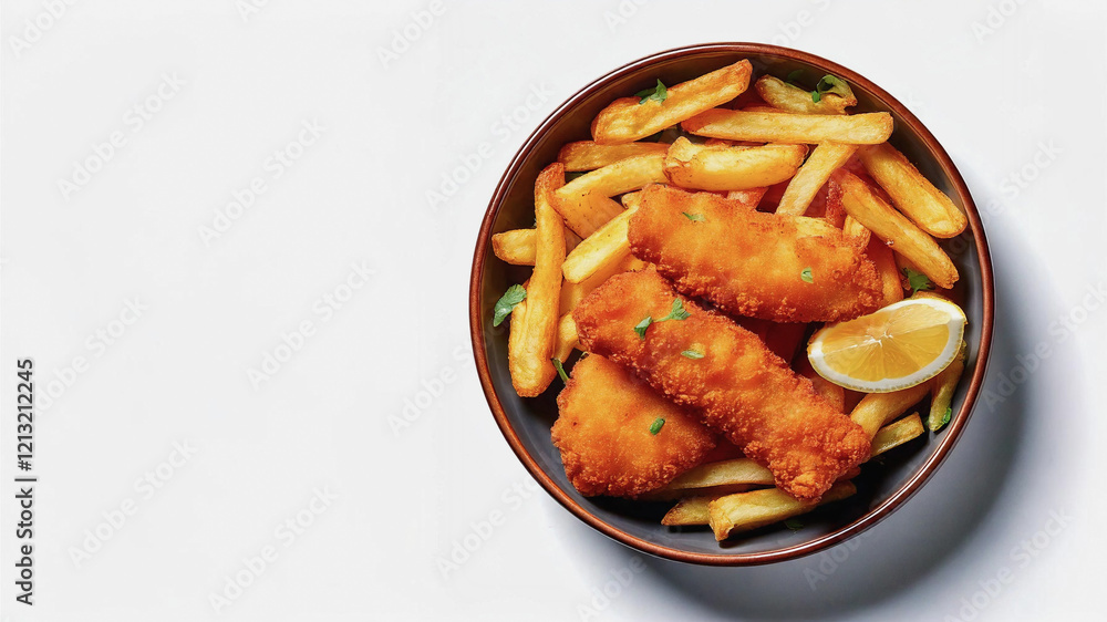 Top View of Traditional Fish and Chips Breakfast on the Table Top View of Traditional Fish and Chips Breakfast on the Table