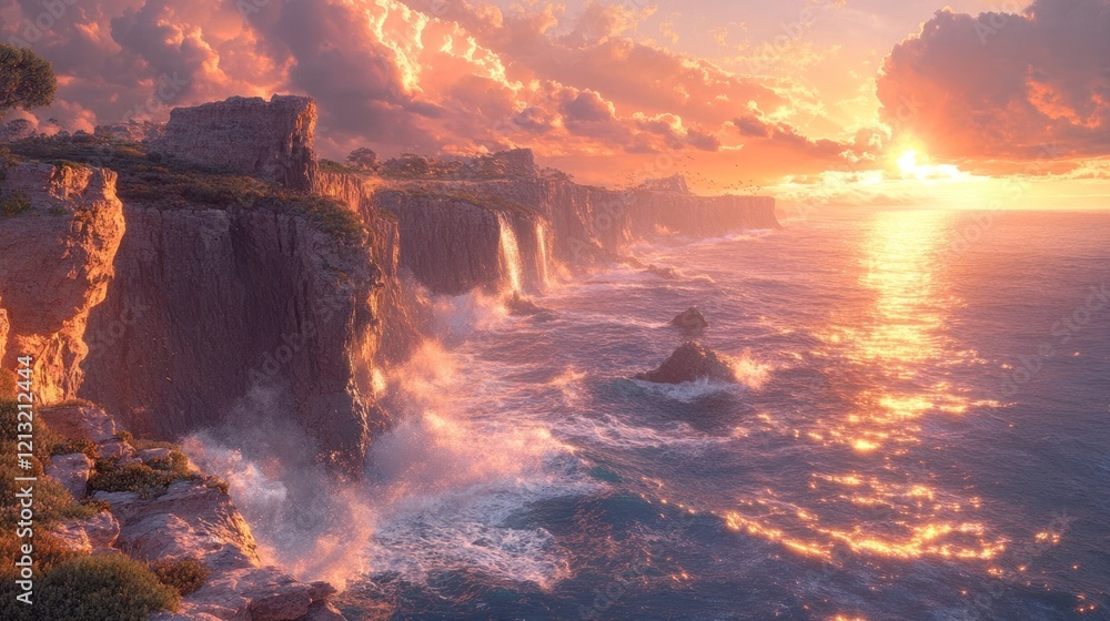 Fototapeta premium Dramatic and Mesmerizing Sunset Scenery with Crashing Ocean Waves Surging Against Rugged Coastal Cliffs in a Breathtaking Natural Landscape