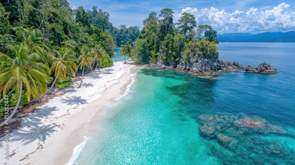 Tropical beach paradise, azure water, palm trees, island, aerial view, travel destination Tropical beach paradise, azure water, palm trees, island, aerial view, travel destination