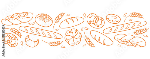 Bread and pastries background. Seamless pattern with bakery products and pastries. Fresh and natural bread, rolls, baguettes, donuts, bagels and croissants. Bakery and shop banner background template
