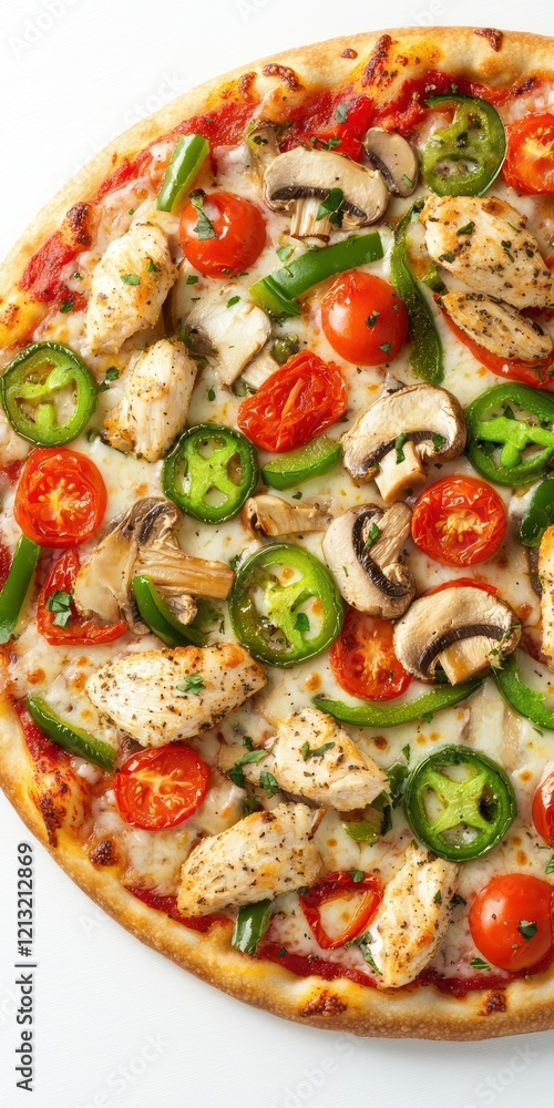 A delicious pizza topped with chicken, vegetables, and herbs, showcasing vibrant colors. A delicious pizza topped with chicken, vegetables, and herbs, showcasing vibrant colors.