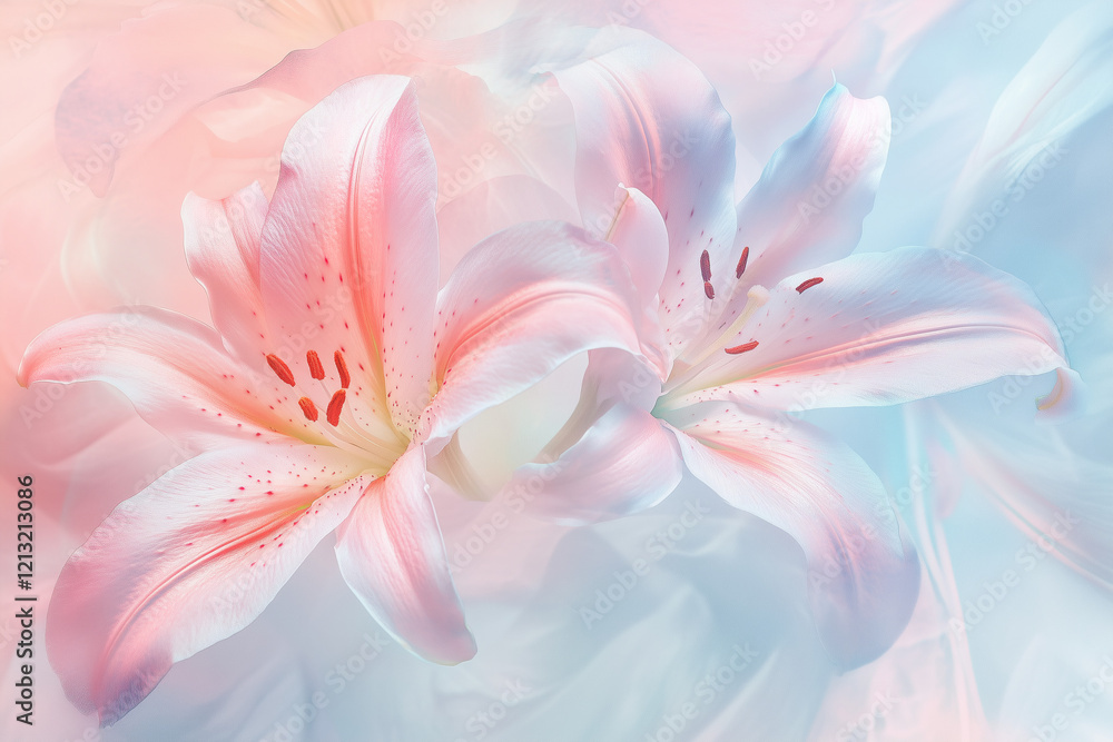 artistic delicate depiction of lily flowers on pastel bokeh background artistic delicate depiction of lily flowers on pastel bokeh background