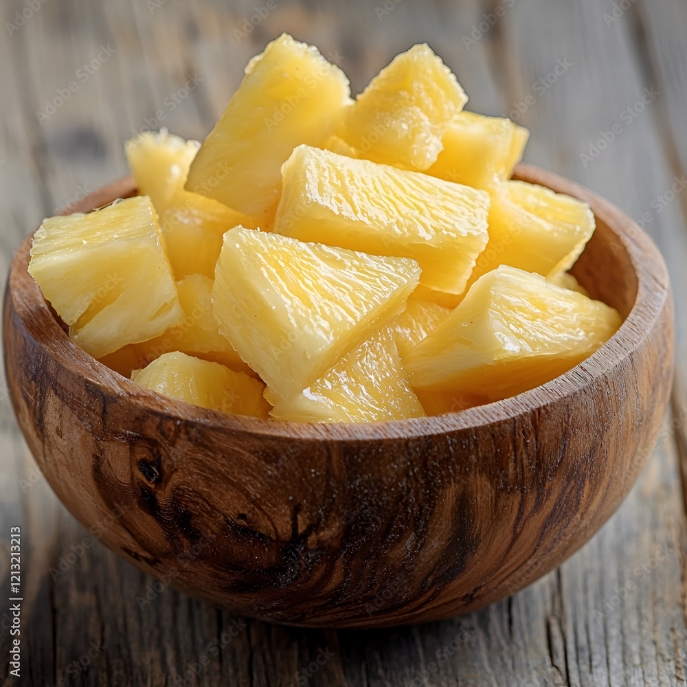 Fresh pineapple chunks in a rustic wooden bowl. Perfect for a healthy snack or tropical recipe! Fresh pineapple chunks in a rustic wooden bowl. Perfect for a healthy snack or tropical recipe!
