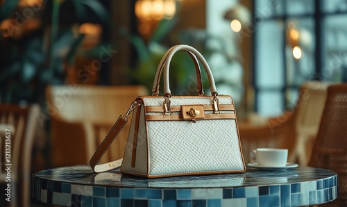 White handbag on cafe table, blurred background. Lifestyle photography for ads