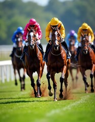 Jockeys urge horses forward in thrilling horse racing competition. Horses run with great speed on grass track. Colorful jockey uniforms, helmets clearly visible. Intense energy, athleticism of sport