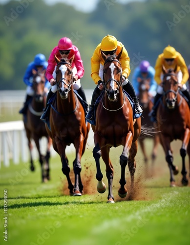 Jockeys urge horses forward in thrilling horse racing competition. Horses run with great speed on grass track. Colorful jockey uniforms, helmets clearly visible. Intense energy, athleticism of sport photo