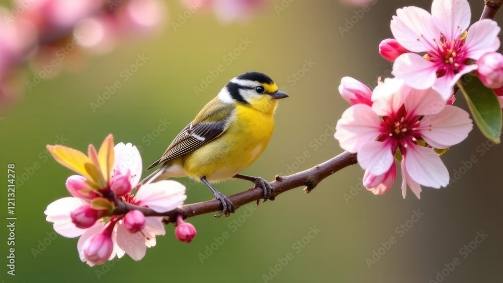 Fototapeta premium A small yellow tit bird sits on a branch of a blossoming cherry and apple tree in the garden. Spring background