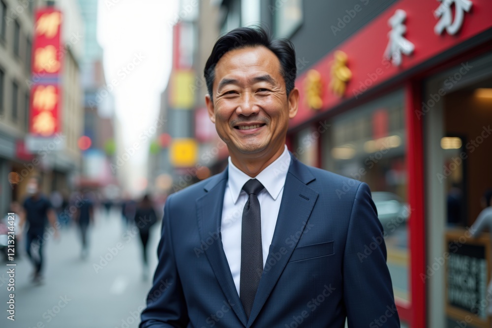 Confident Businessman in Suit Standing on a Busy City Street, Smiling Amidst Urban Life and Vibrant Background Characters Confident Businessman in Suit Standing on a Busy City Street, Smiling Amidst Urban Life and Vibrant Background Characters