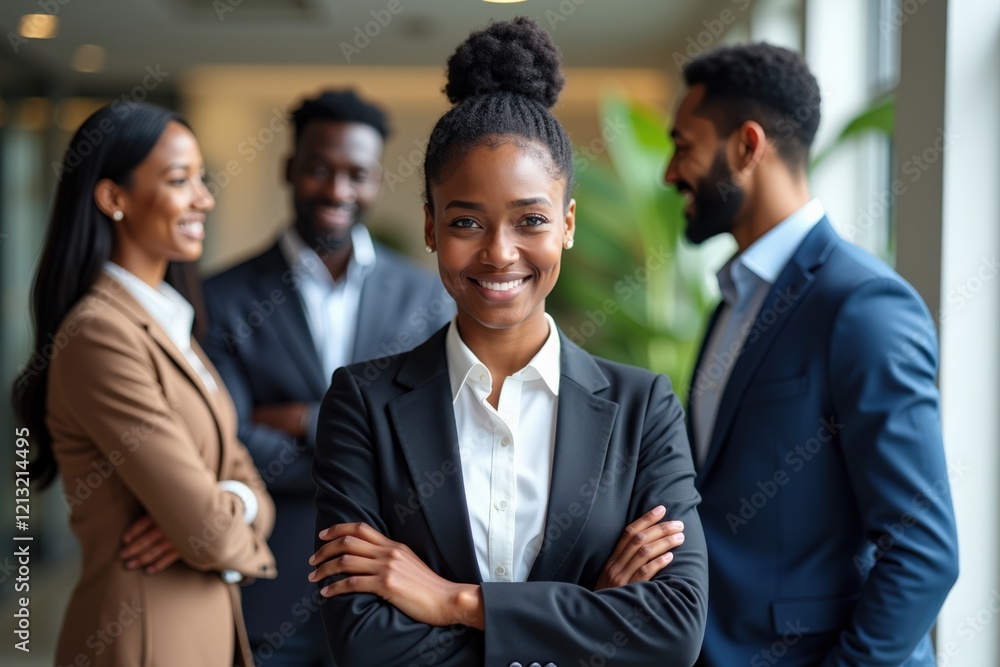 Diverse Group of Professionals Engaging in Conversation in a Modern Office Setting, with Focus on Confident Woman in Business Attire Diverse Group of Professionals Engaging in Conversation in a Modern Office Setting, with Focus on Confident Woman in Business Attire